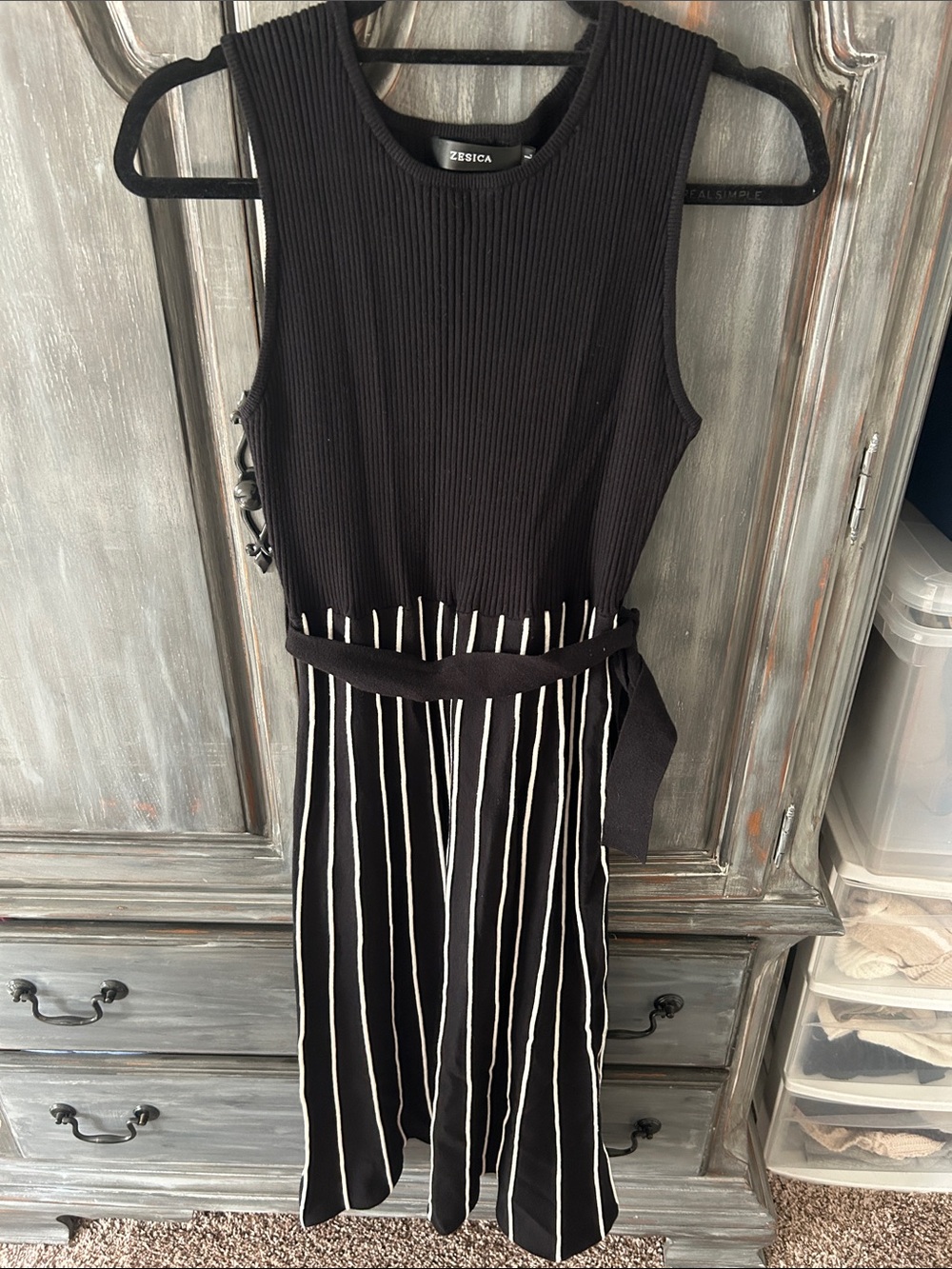Black Ribbed Sleeveless Dress with Stripe Skirt